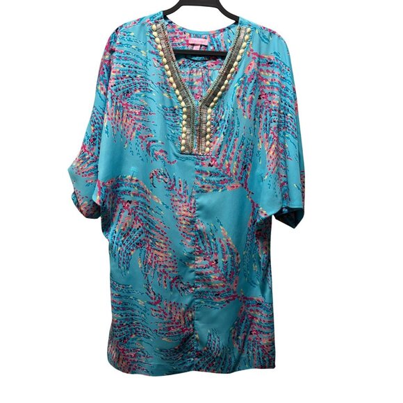 Lilly Pulitzer Womens Wilda Bright Blue Beaded Neck Caftan Dress S - Picture 2 of 7